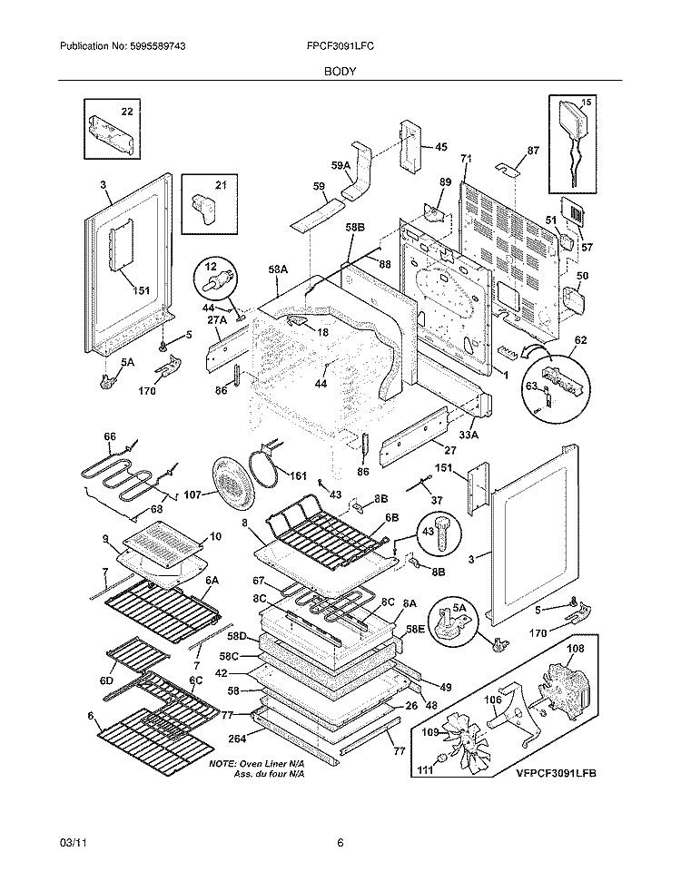 BODY Diagram and Parts List for FPCF3091LFC  Frigidaire Range