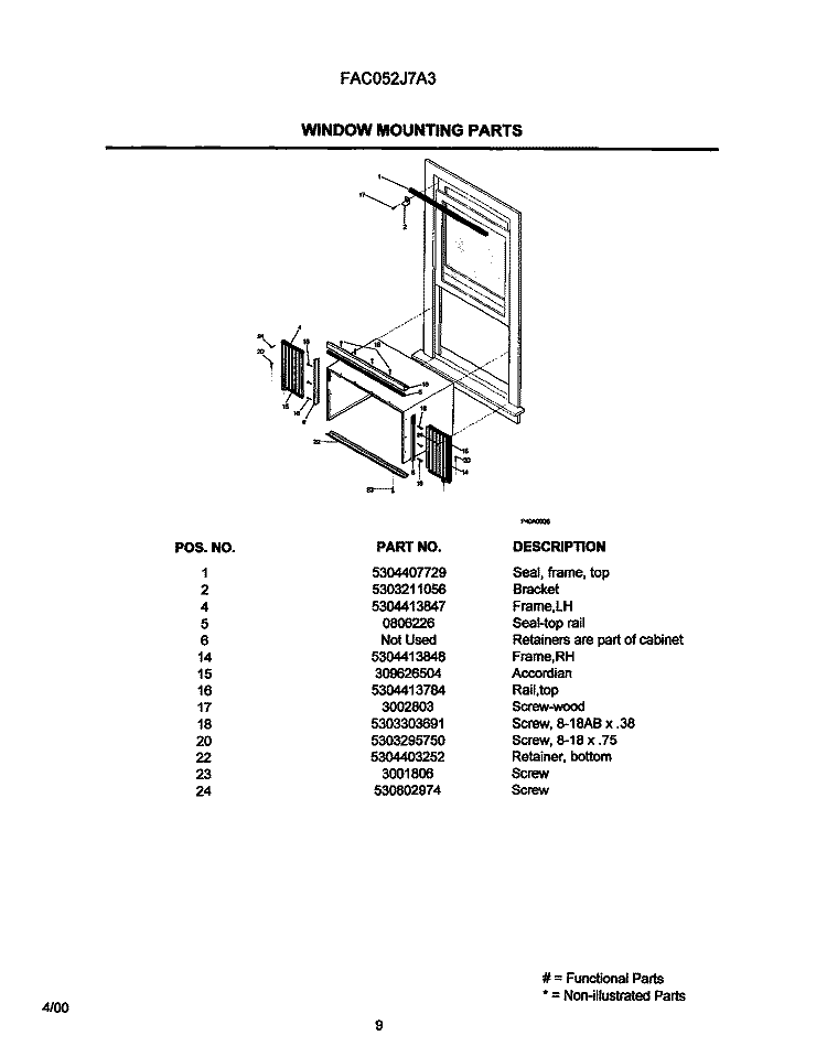 WINDOW MOUNTING PARTS Diagram and Parts List for FAC052J7A3  Frigidaire Air Conditioner