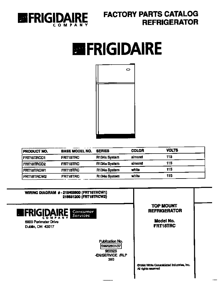 COVER Diagram and Parts List for FRT18TRCW1  Frigidaire Refrigerator