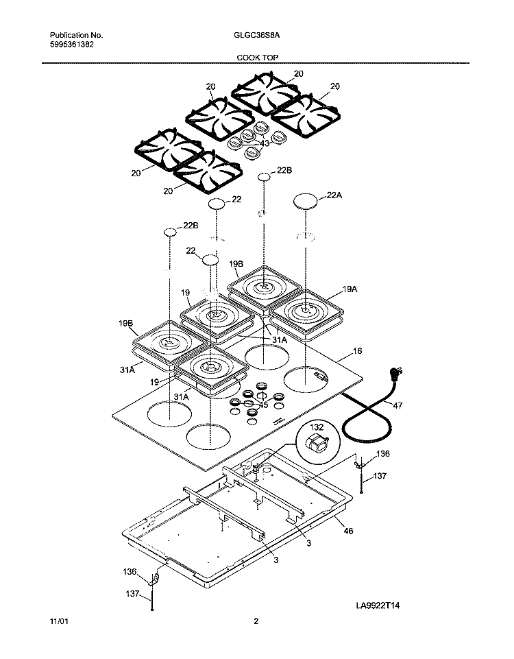 COOKTOP Diagram and Parts List for GLGC36S8AQA  Frigidaire Cooktop