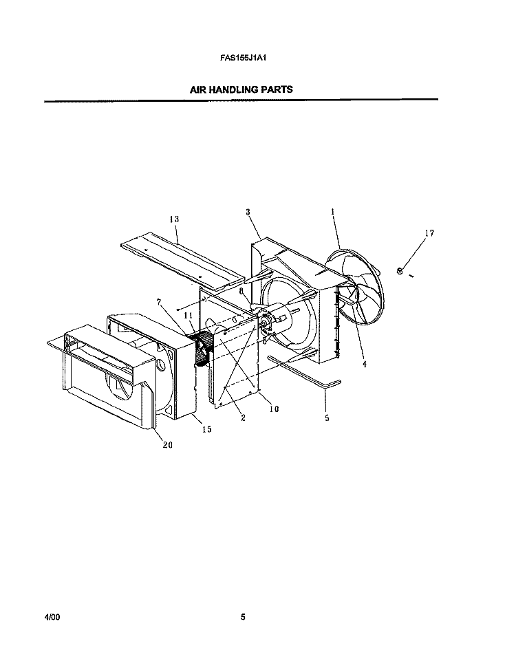 AIR HANDLING PARTS Diagram and Parts List for FAS155J1A1  Frigidaire Air Conditioner