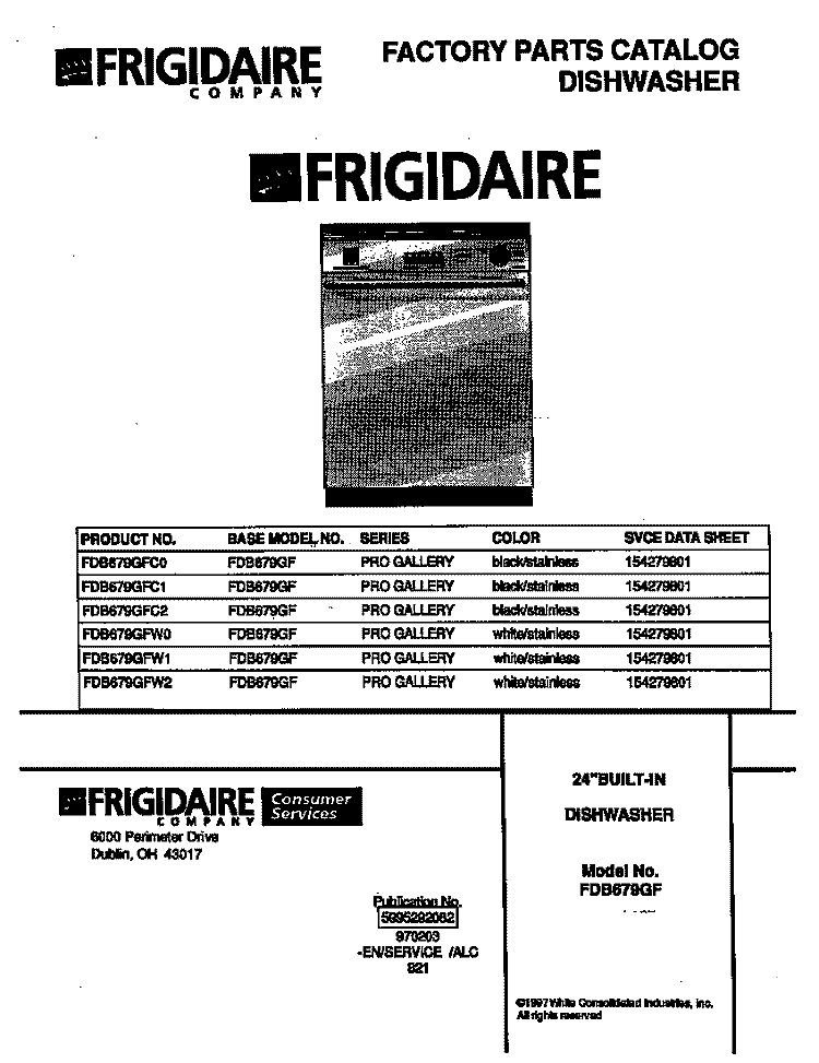 COVER Diagram and Parts List for FDB679GFW0  Frigidaire Dishwasher