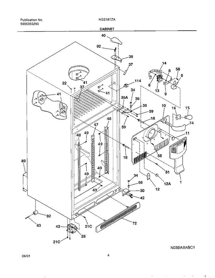 CABINET Diagram and Parts List for NGS18TZAW0  Frigidaire Refrigerator