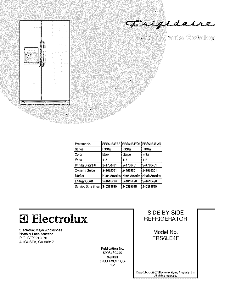 COVER Diagram and Parts List for FRS6LE4FB6  Frigidaire Refrigerator