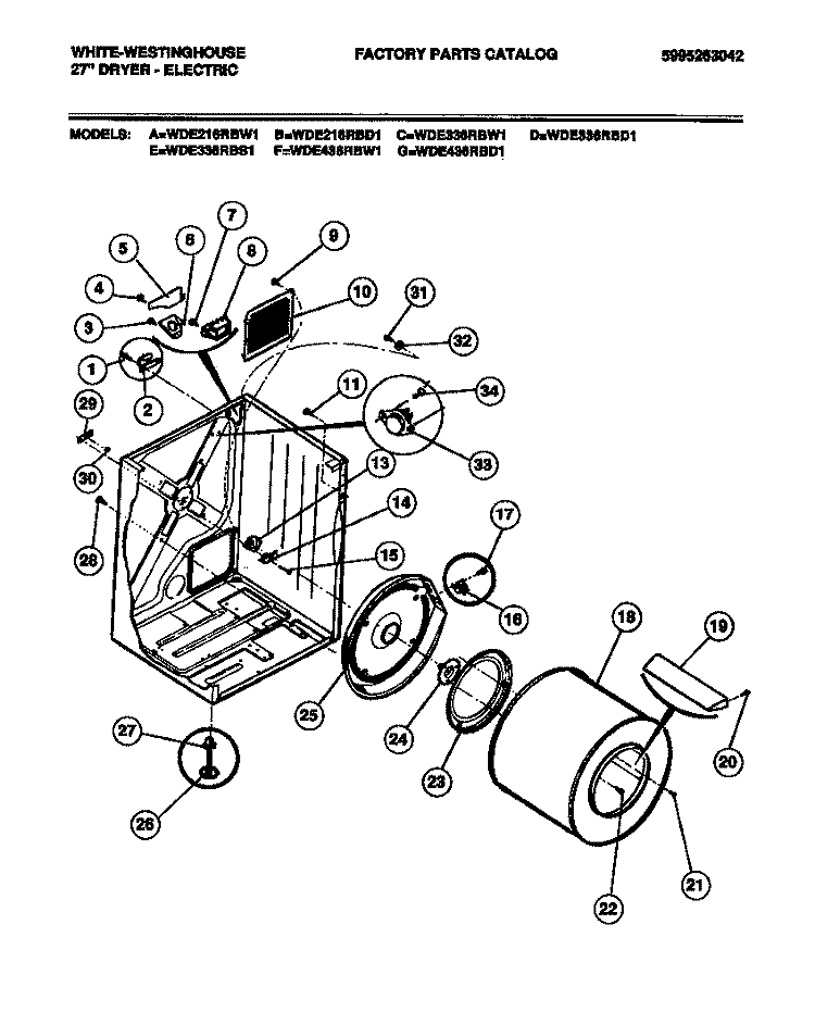 CABINET, DRUM Diagram and Parts List for WDE216RBD1  Frigidaire Dryer