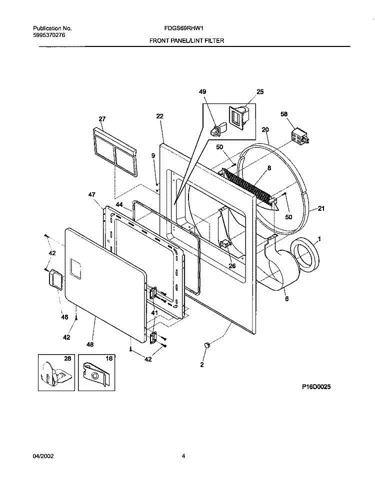 FRNT PNL, DOOR Diagram and Parts List for FDGS69RHW1  Frigidaire Dryer
