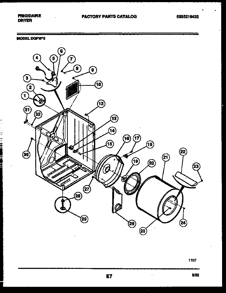 CABINET AND COMPONENT PARTS Diagram and Parts List for DGFW3  Frigidaire Dryer