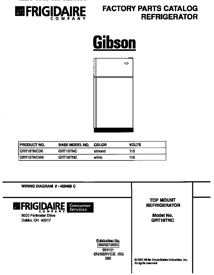 COVER Diagram and Parts List for GRT18TNCD0  Gibson Refrigerator