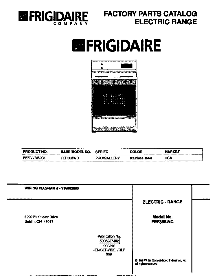 COVER Diagram and Parts List for FEF388WCCE  Frigidaire Range