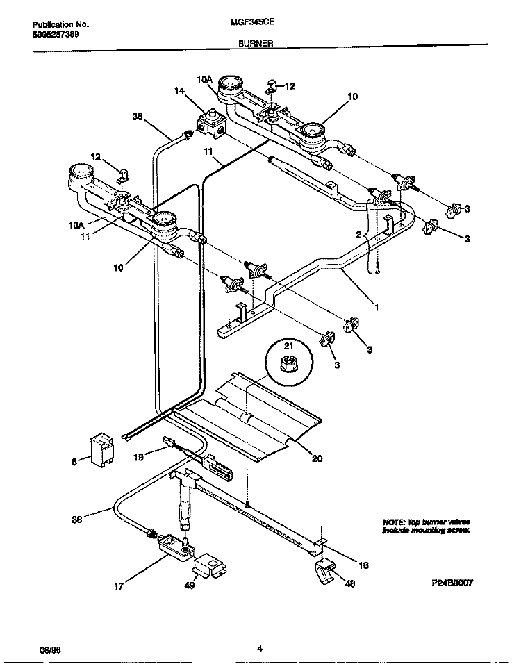 BURNER Diagram and Parts List for MGF345CESC  Frigidaire Range