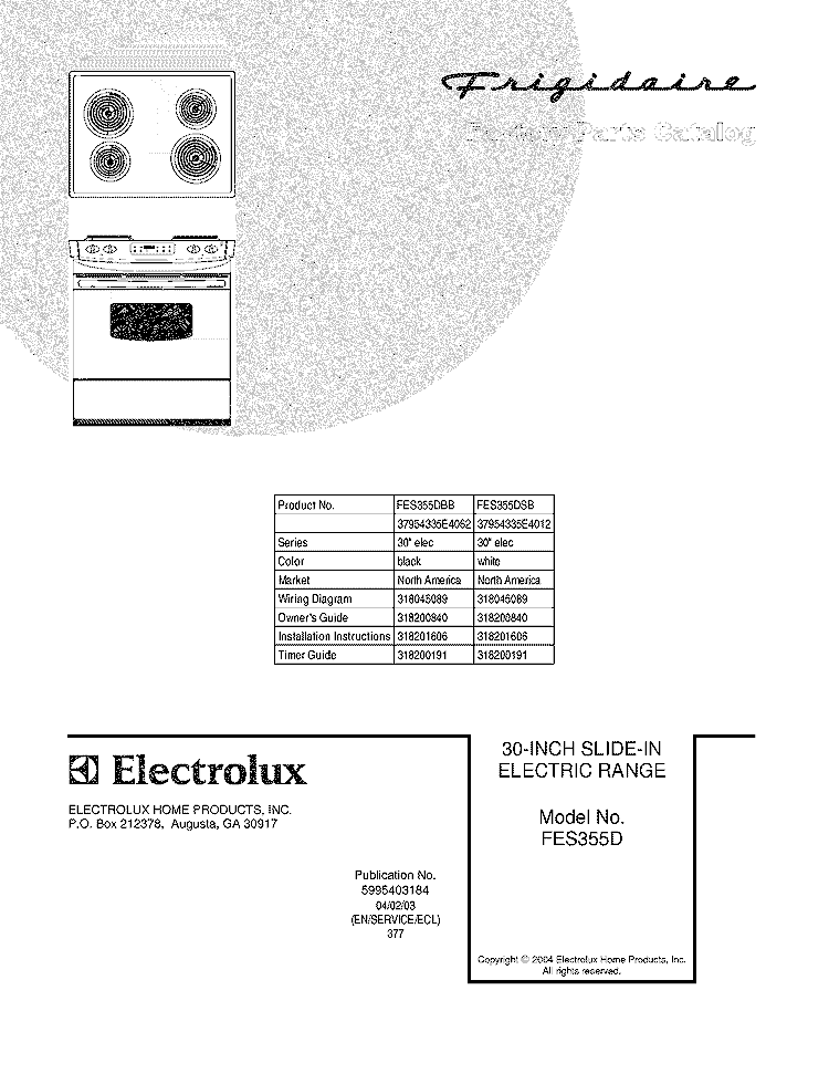 COVER Diagram and Parts List for FES355DSB  Frigidaire Range