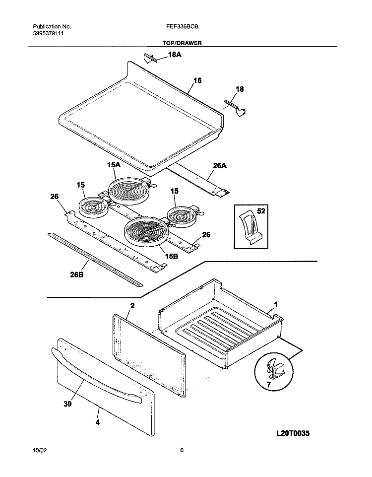 TOP / DRAWER Diagram and Parts List for FEF336BCB  Frigidaire Range
