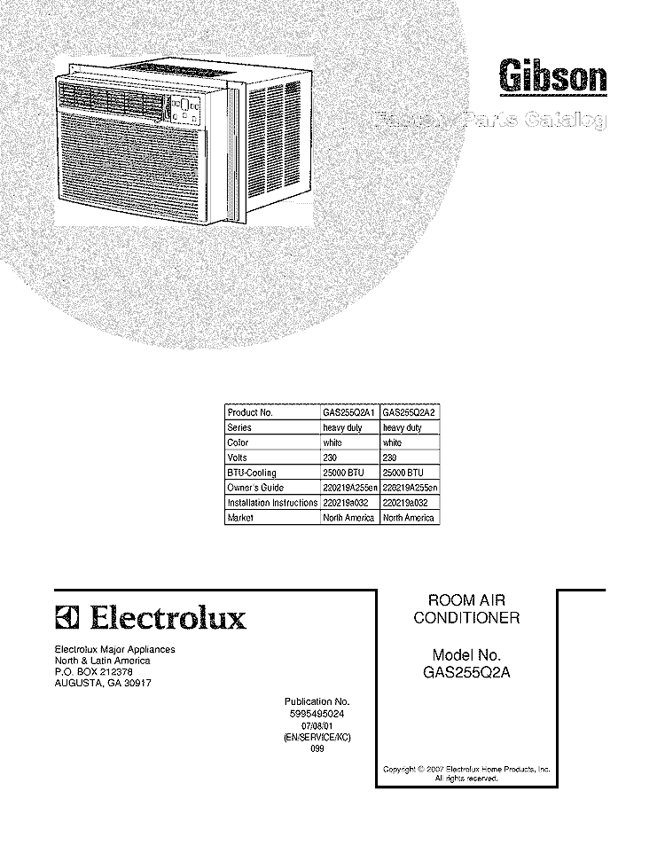 COVER Diagram and Parts List for GAS255Q2A1  Gibson Air Conditioner