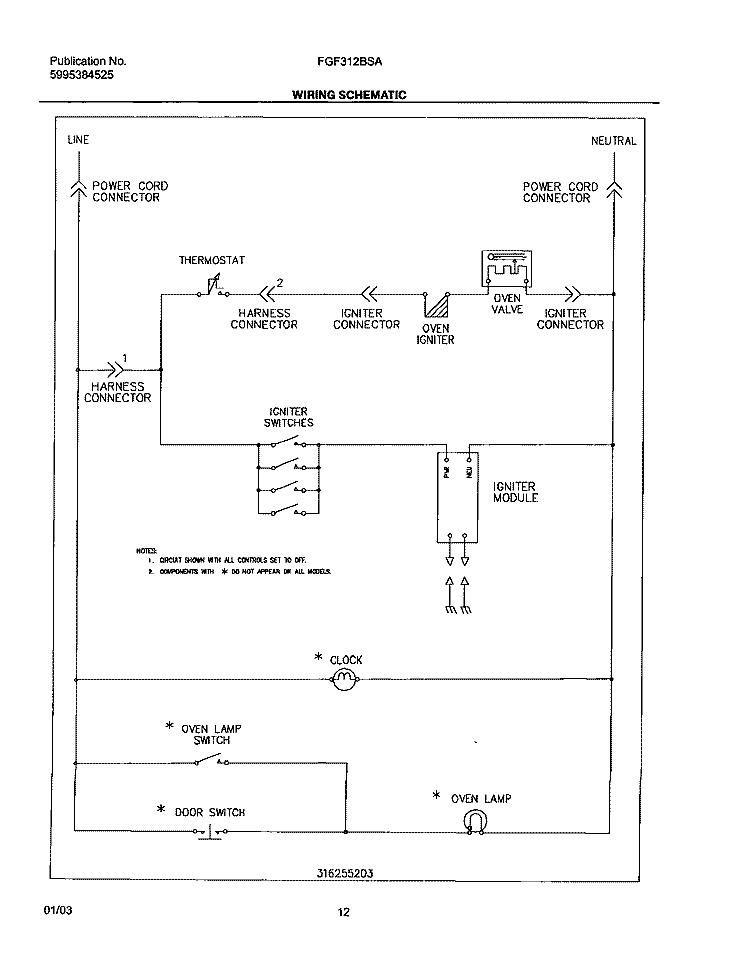WIRING SCHEMATIC Diagram and Parts List for FGF312BSA  Frigidaire Range