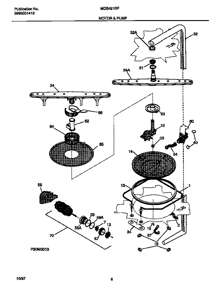 MOTOR & PUMP Diagram and Parts List for MDB421RFR3  Frigidaire Dishwasher