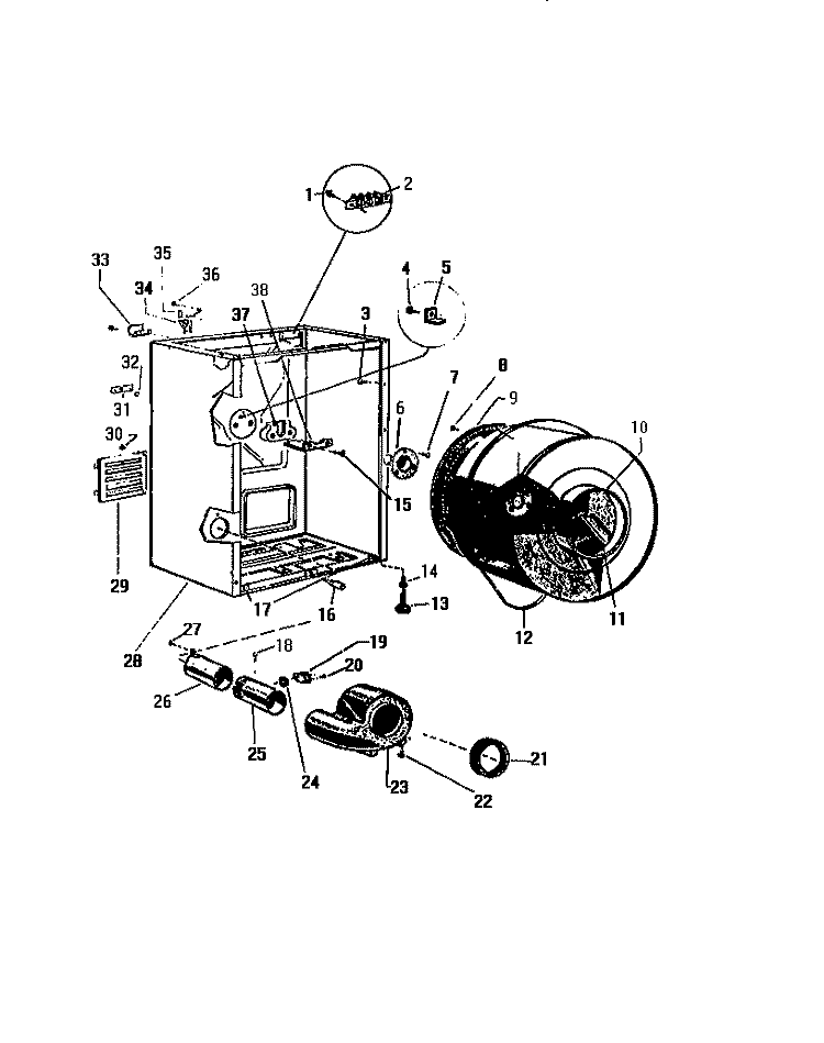 CABINET, DRUM, HEATER HOUSING Diagram and Parts List for DE661JDH1  Frigidaire Dryer