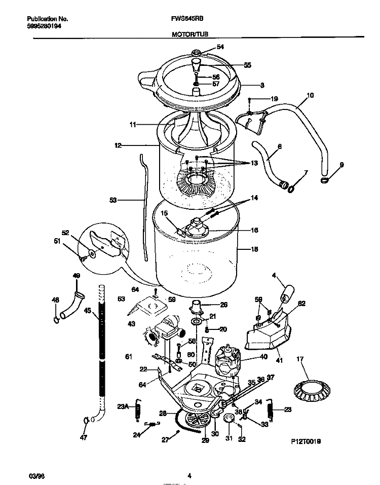 MOTOR / TUB Diagram and Parts List for FWS645RBT3  Frigidaire Washer