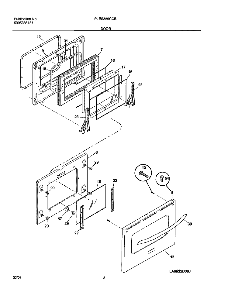 DOOR Diagram and Parts List for PLES389CCB  Frigidaire Range