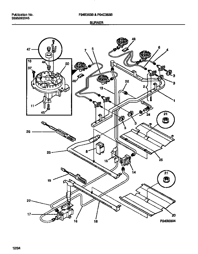 BURNER Diagram and Parts List for F64C363BSA  Frigidaire Range