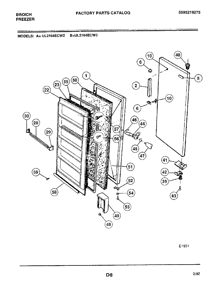 DOOR Diagram and Parts List for UL2164ECW2  Frigidaire Freezer