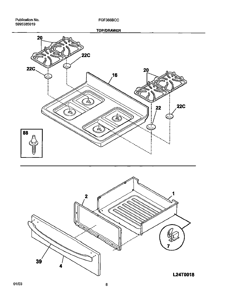 TOP / DRAWER Diagram and Parts List for FGF366BCC  Frigidaire Range