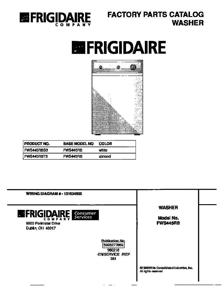 COVER Diagram and Parts List for FWS445RBT3  Frigidaire Washer