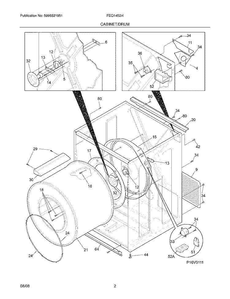 CABINET/DRUM Diagram and Parts List for FEQ1452HE0  Frigidaire Dryer