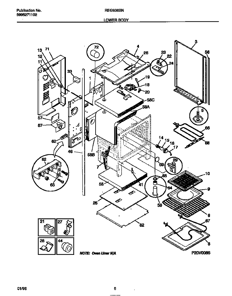 LOWER BODY Diagram and Parts List for REG638BNW5  Frigidaire Range