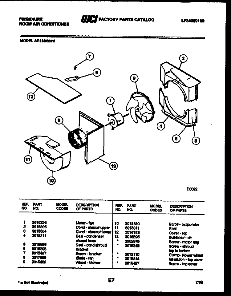 AIR HANDLING PARTS Diagram and Parts List for AR18NS8F2  Frigidaire Air Conditioner