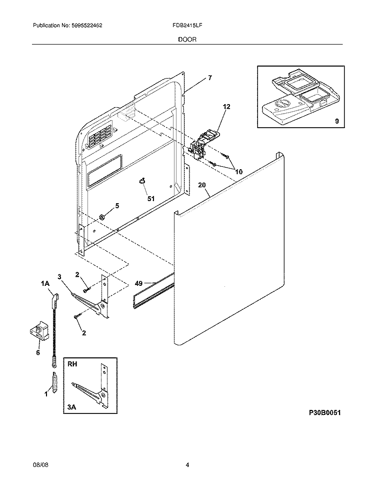 DOOR Diagram and Parts List for FDB2415LFC2  Frigidaire Dishwasher