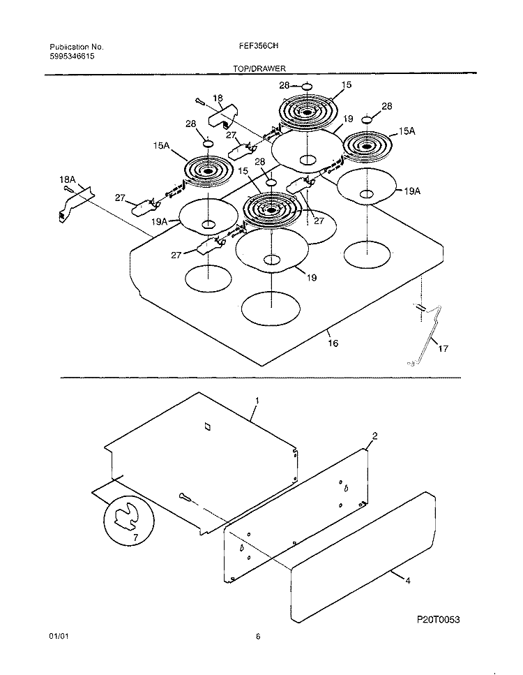 TOP / DRAWER Diagram and Parts List for FEF356CHTD  Frigidaire Range