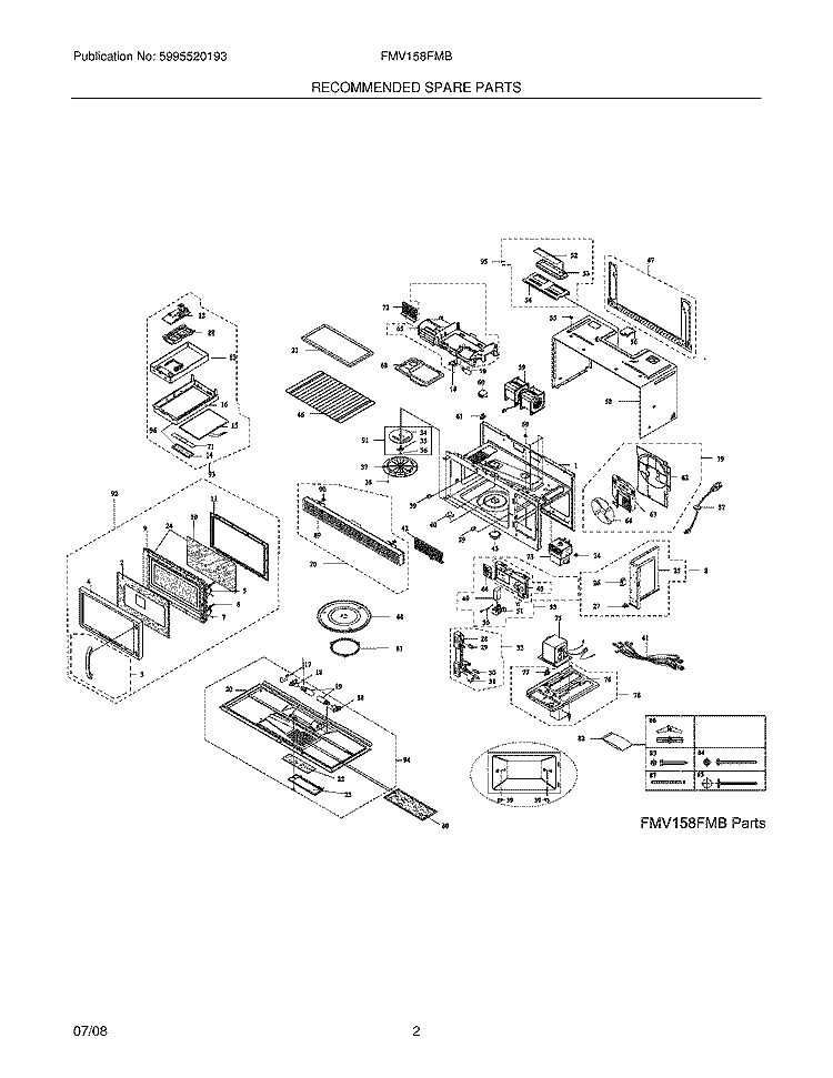 RECOMMENDED SPARE PARTS Diagram and Parts List for FMV158FMB  Frigidaire Microwave