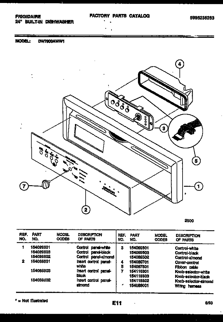 CONSOLE AND CONTROL PARTS Diagram and Parts List for DW7800AWW1  Frigidaire Dishwasher