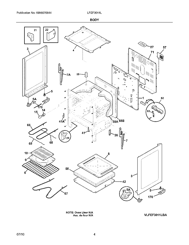 BODY Diagram and Parts List for LFEF3011LBA  Frigidaire Range