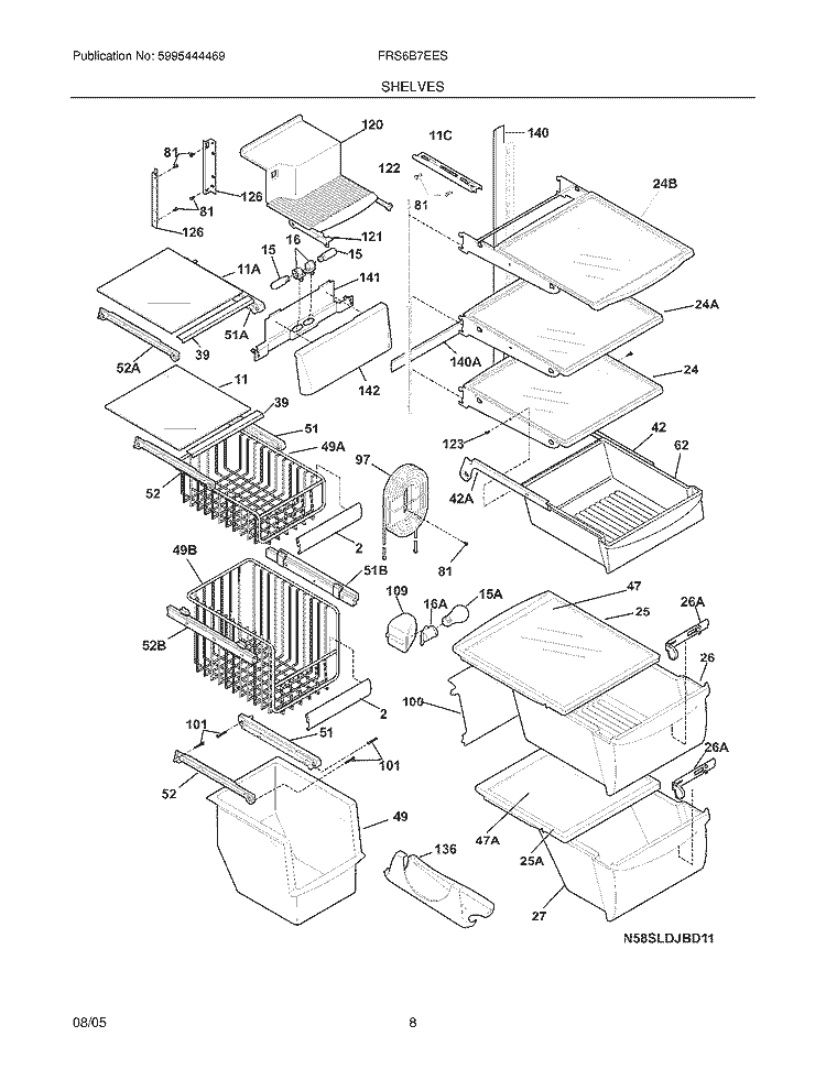 SHELVES Diagram and Parts List for FRS6B7EESBN  Frigidaire Refrigerator