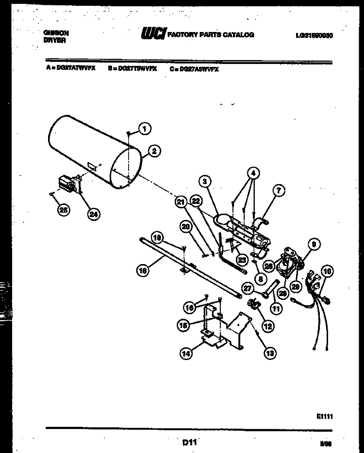 BURNER, IGNITER AND VALVE Diagram and Parts List for DG27A7WVFX  Gibson Dryer