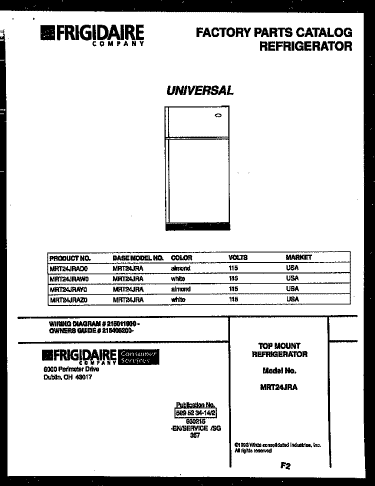 COVER Diagram and Parts List for MRT24JRAYO  Frigidaire Refrigerator