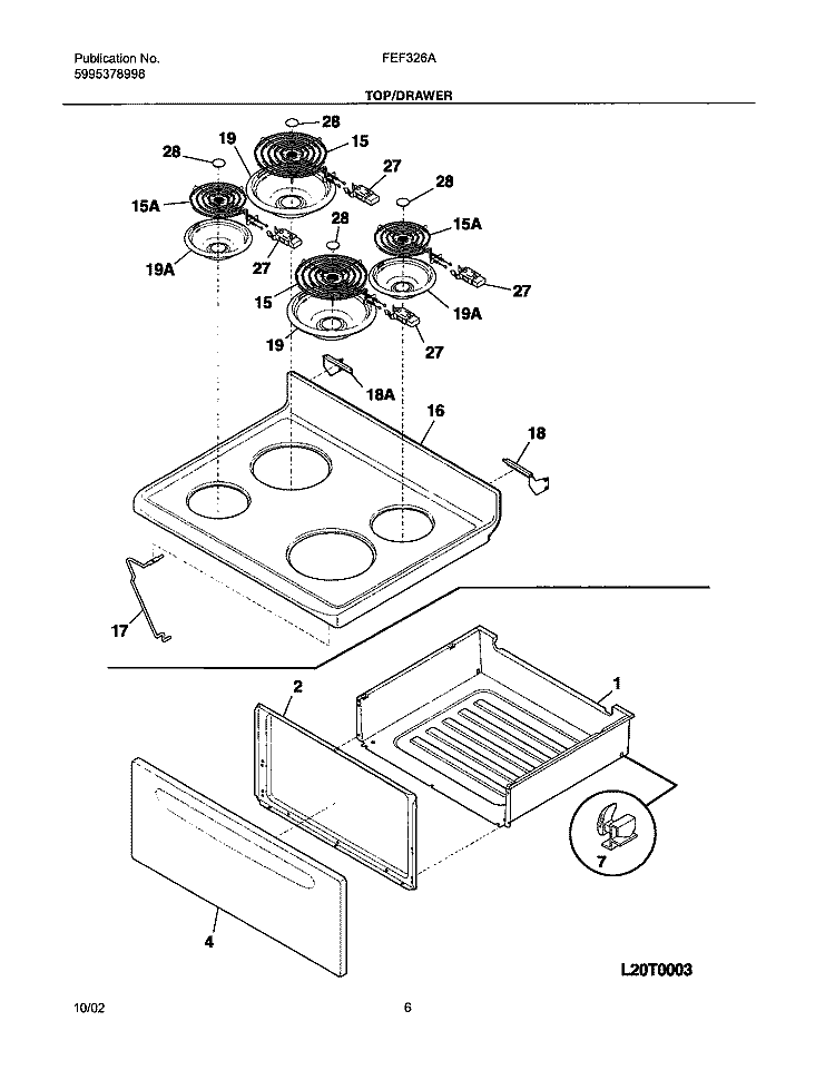TOP / DRAWER Diagram and Parts List for FEF326AQD  Frigidaire Range