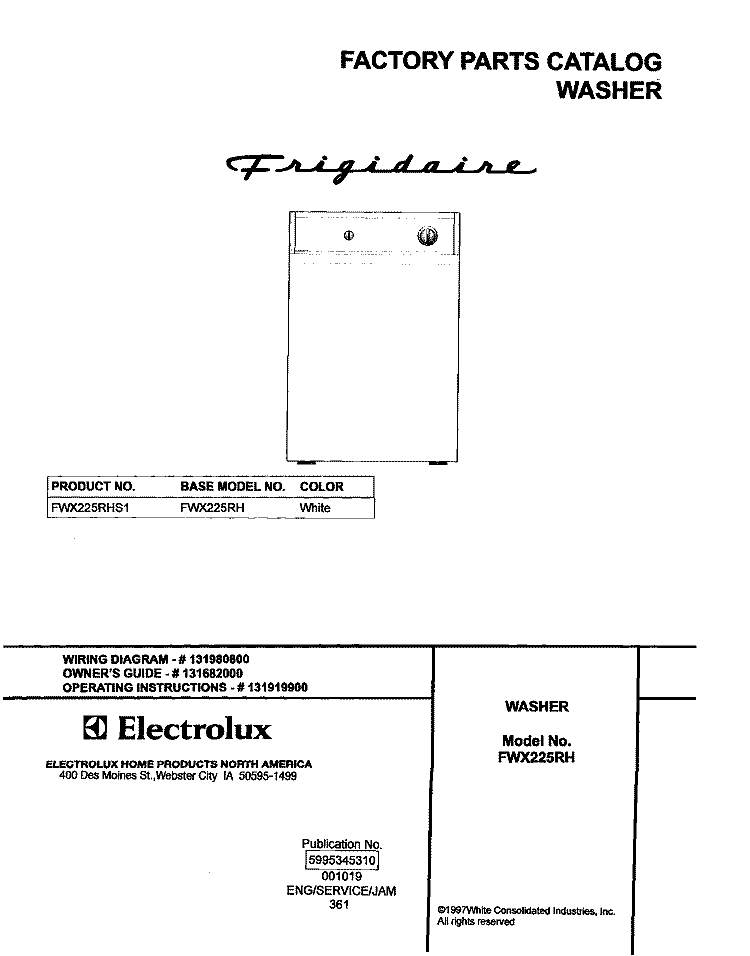 COVER Diagram and Parts List for FWX225RHS1  Frigidaire Washer