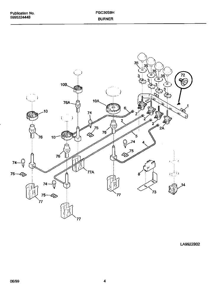 BURNER Diagram and Parts List for FGC30S8HTA  Frigidaire Cooktop