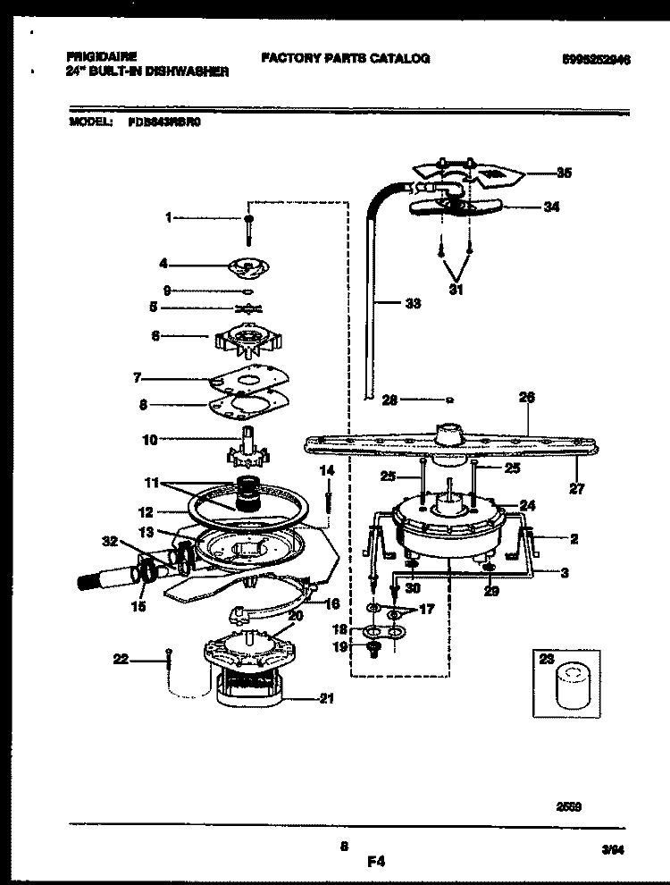 MOTOR PUMP PARTS Diagram and Parts List for FDB643RBR0  Frigidaire Dishwasher