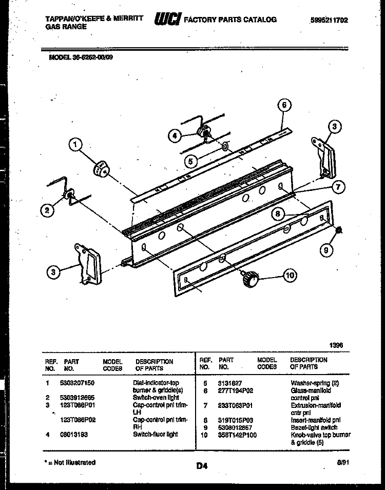 CONTROL PANEL Diagram and Parts List for 36-6262-00-09  Tappan Range