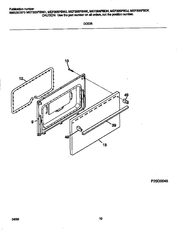 DOOR Diagram and Parts List for MEF305PBDK  Frigidaire Range
