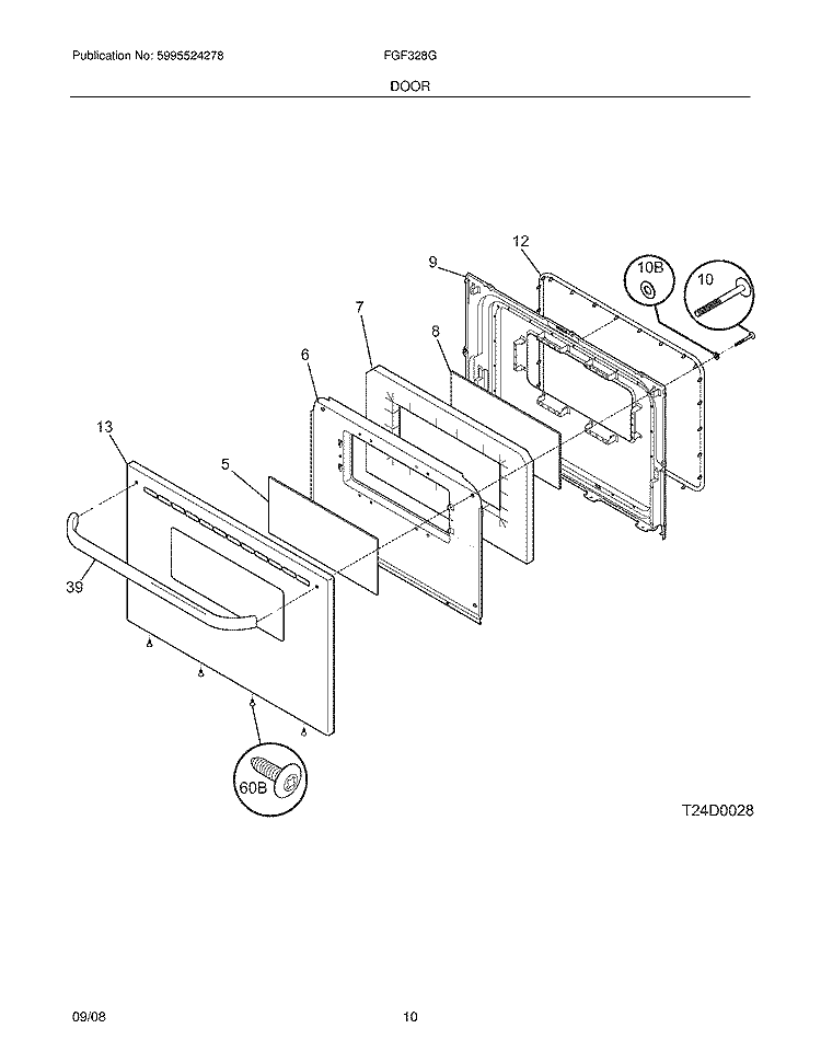 DOOR Diagram and Parts List for FGF328GSF  Frigidaire Range