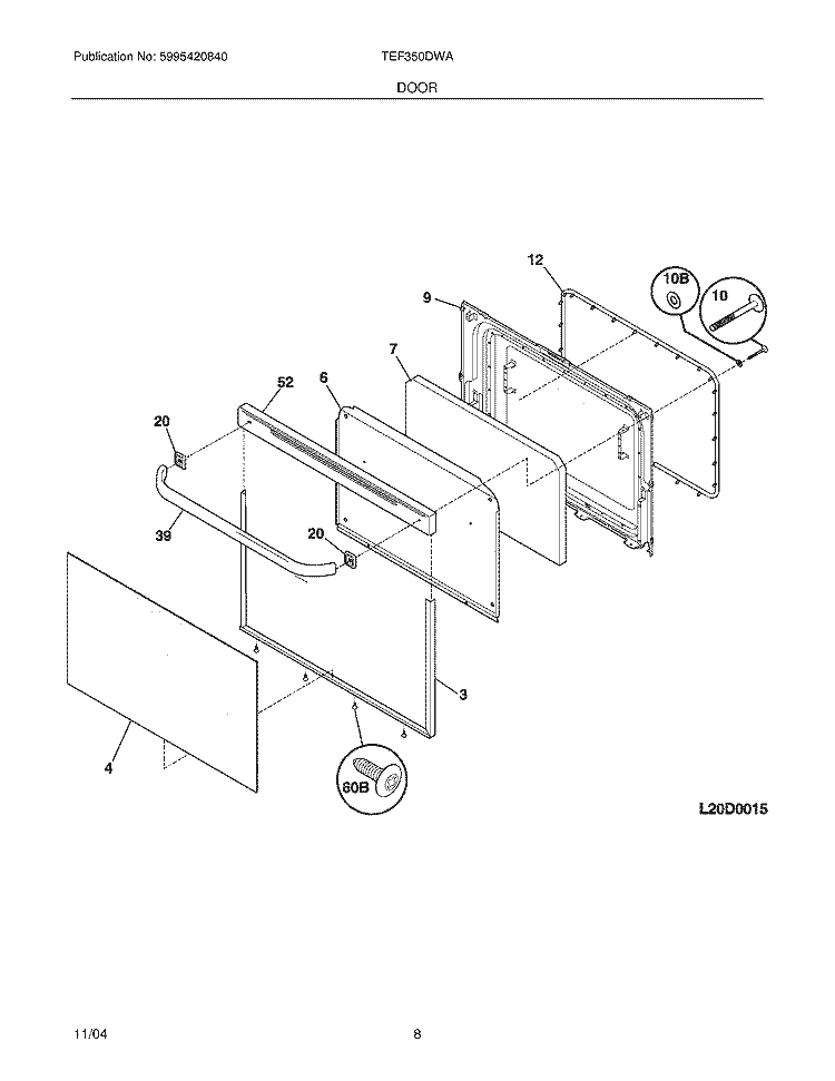 DOOR Diagram and Parts List for TEF350DWA  Tappan Range
