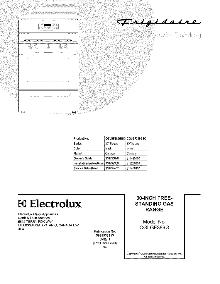 COVER Diagram and Parts List for CGLGF389GBC  Frigidaire Range