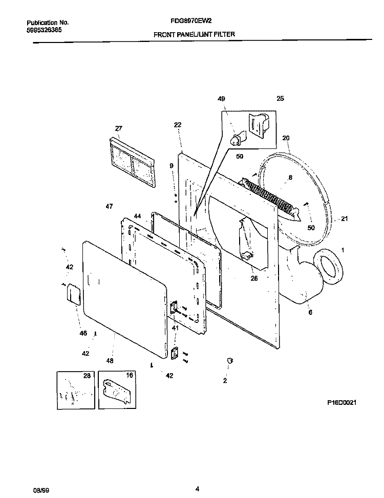 P16D0021 FRNT PNL, DOOR Diagram and Parts List for FDG8970EW2  Frigidaire Dryer