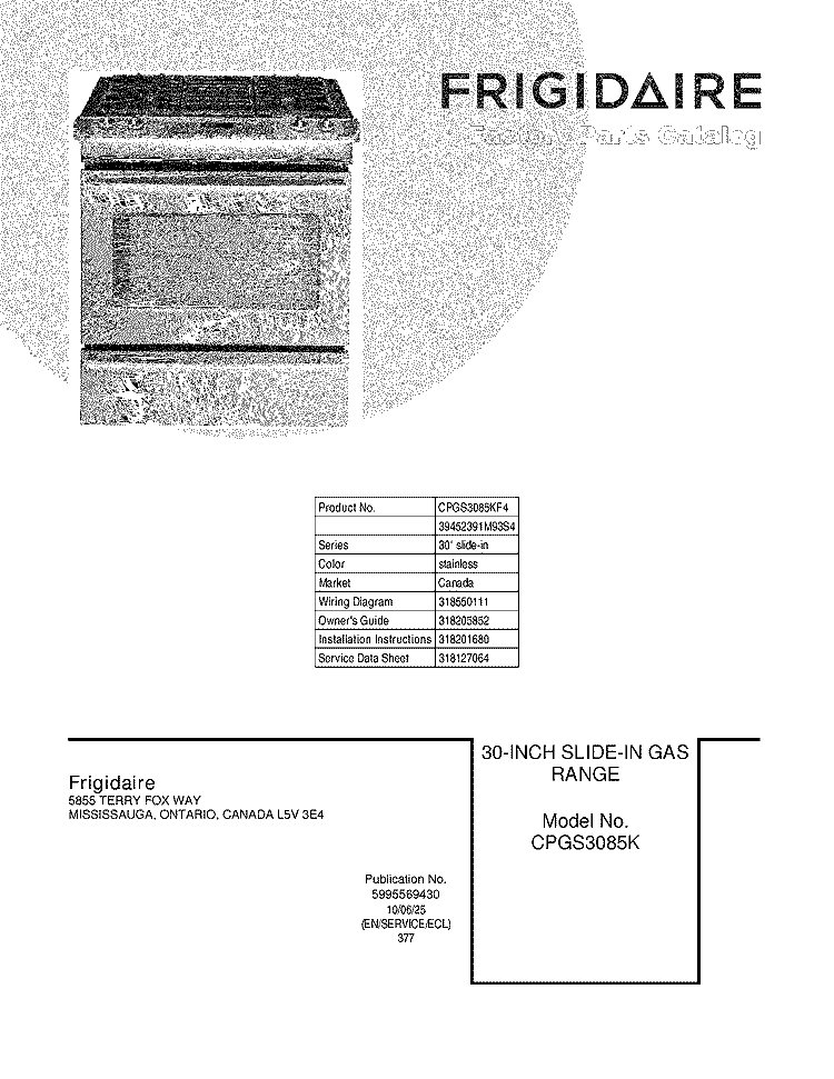 COVER Diagram and Parts List for CPGS3085KF4  Frigidaire Range