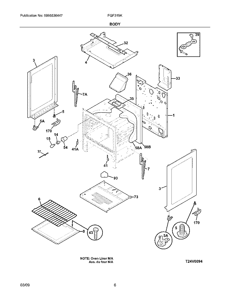 BODY Diagram and Parts List for FGF319KSA  Frigidaire Range