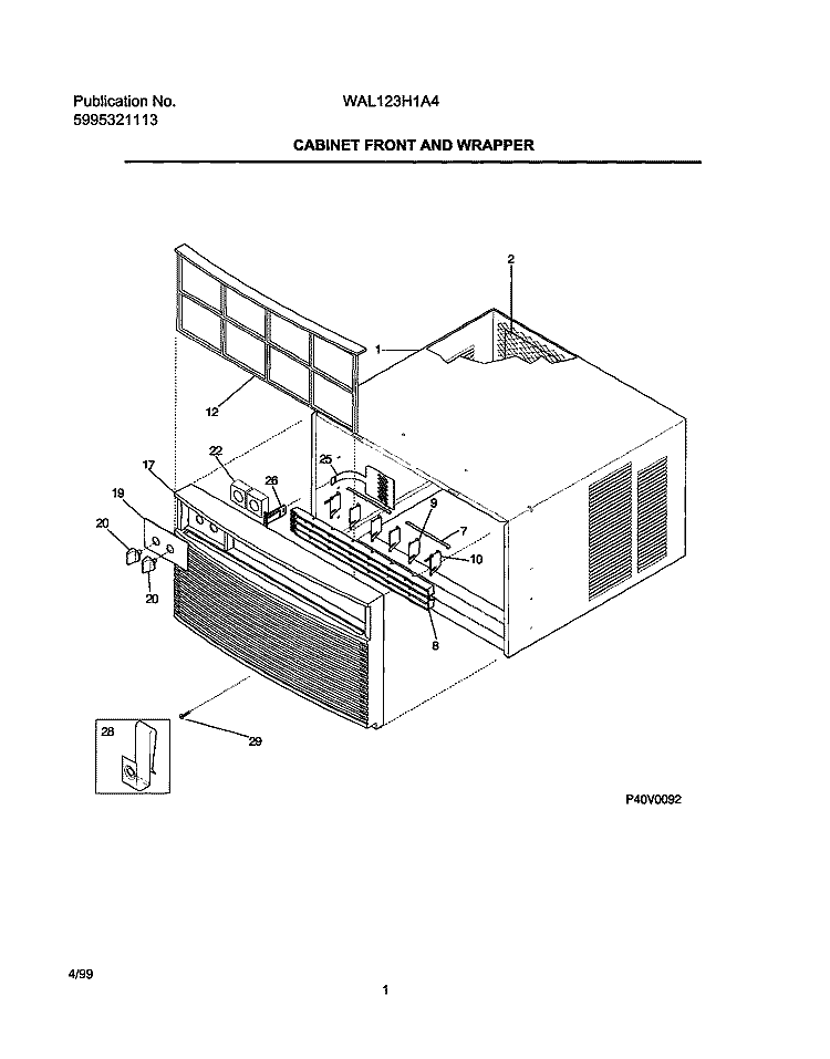 CABINET FRONT AND WRAPPER Diagram and Parts List for WAL123H1A4  Frigidaire Air Conditioner